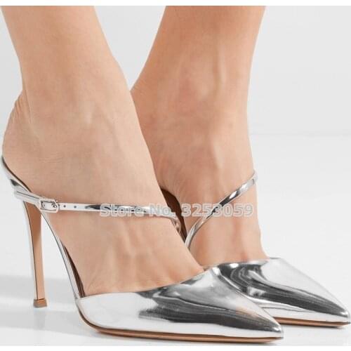 ALMUDENA Ladies Silver Patent Leather Pointed Toe Pumps Thin High Heels Buckle Strappy Slippers Nice Evening Party Shoes