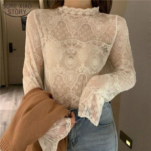 2021 Spring New Lace Bottoms Shirts Sexy Women Long Sleeve Hollow Out Korean Clothes Fashion Thin Mesh Tops Elegant Female 12611