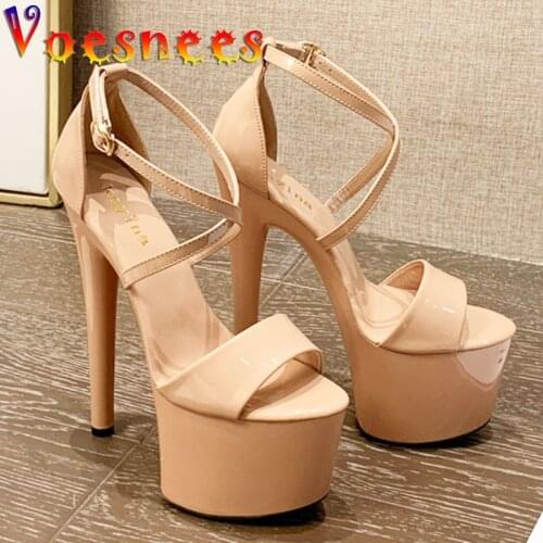 Voesnees Women Sandals 2021 Fashion Nightclub Catwalk Models Stiletto Shoes Sexy Cross Button Platform High Heels Club Girls