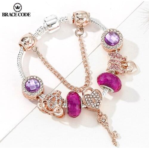 2021 New Rose Gold Charm Heart Key Pendant Charm Bracelets For Women Original Girls Princess Crown Beaded Bracelet Wife Jewelry