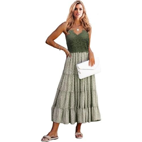 Womens Summer V-Neck Adjustable Shoulder Straps Lace Stitching Dress Sleeveless Flowy Long Skirt