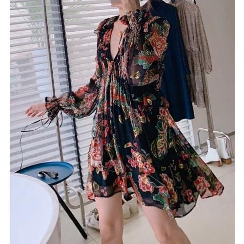 Women Dress 100% Silk Gold Thread Jacquard V-neck Pleated Mini Dress