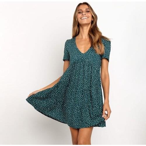 Women Print Ruffled Dress V Neck Casual Knitted Summer Short Sleeve Beach Dresses