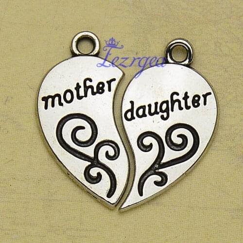 10sets/lot--27x26mm, Antique silver plated heart mother daughter puzzle charms,DIY supplies, Jewelry accessories
