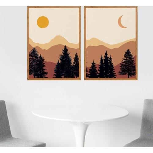Sun and Moon Forest Minimalist Boho Artwork Room Art Prints Set Of 2 Print Painting No Frame Pictures
