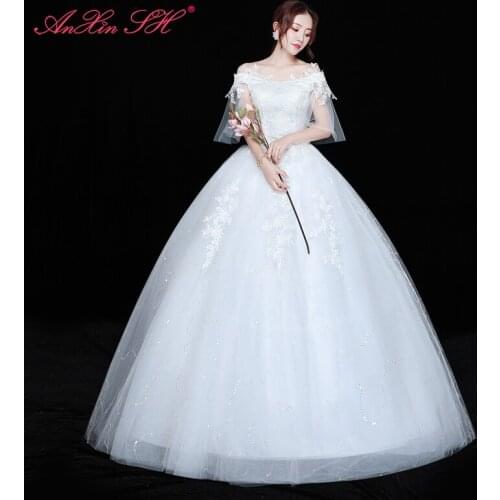 AXJFU luxury party princess rose flower lace white ball gown wedding dress vintage boat neck turkey bride white wedding dress