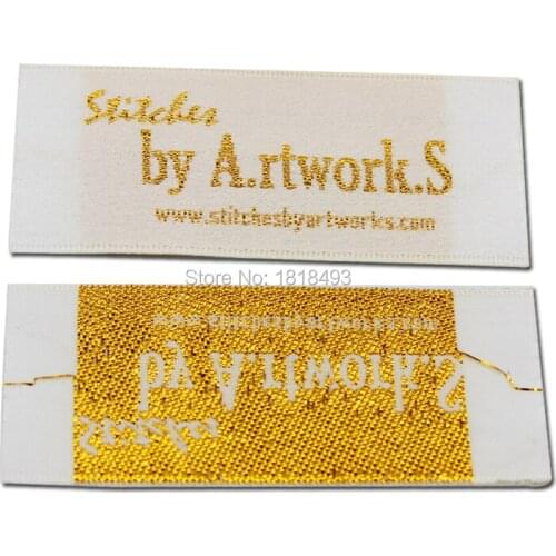 Free shipping custom clothing woven labels/garment golden thread embroidered tags/dress t-shirt jacket woven label/logo printing