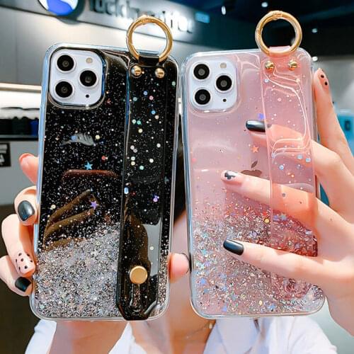 Bling Glitter Wrist Strap Phone Case For iPhone 12 11 Pro Max XR XS Max X 7 8 6 6SPlus 12 Mini Soft Epoxy Transparent Back Cover