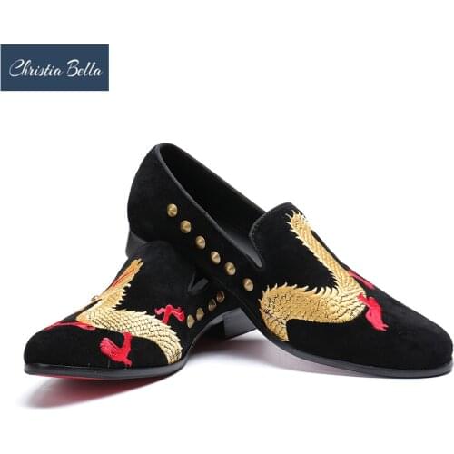 Christia Bella Brand Designer Handmade Men Nubuck Leather Shoes with Luxurious Embroidery Party and Wedding Men Loafers