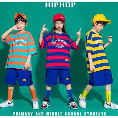 Kid Summer Hip Hop Clothing Long Striped Oversized T Shirt Top Streetwear Blue Cargo Shorts for Girls Boy Dance Costume Clothes
