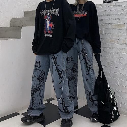 Autumn Spring Fashion Ins Hip Hop Cartoon Print Wash Loose Casual Denim Wide Leg Pants Women Cargo Jeans Punk Streetwear Clothes