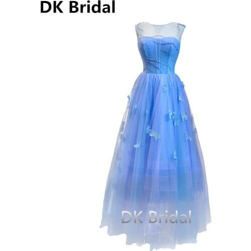 Elegant Light Blue Evening Dresses O-Neck A line Floor Length Long Butterfly Women Formal Party Gowns 2019 New Arrivals