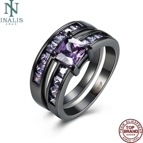 INALIS Combination Rings For Women Black Gun Plated With Square Purple Cubic Zirconia Romantic Party Ring Female Fashion Jewelry