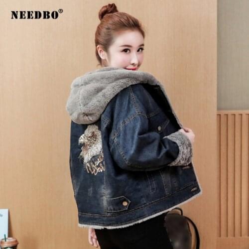 NEEDBO Denim Jacket Oversize Casual Embroidery Coat Women Female Jeans Jacket Women Winter Hooded Thicken Jacket Woman Outwear