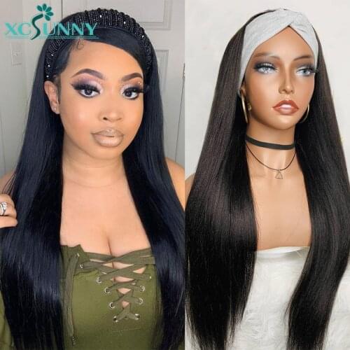 Headband Wig Natural Straight Human Hair Wigs With Headband Remy Brazilian Full Machine Made Wig For Black Women xcsunny