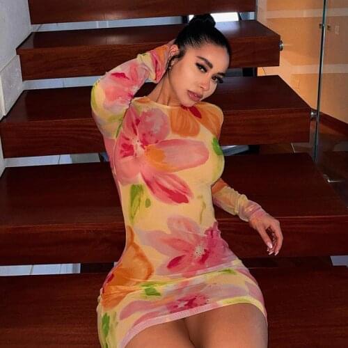 BKLD Casual Sexy Mesh See-Through Slim Fashion Printed Floral Dress Long Sleeve Summer New Women Clothing Bodycon Club Outfits