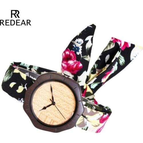 REDEAR Free Shipping Ebony Wood Watches Women Watch Wristwatche With Cloth Strap Womens Bling Watches Birthday Anniversary Gifts