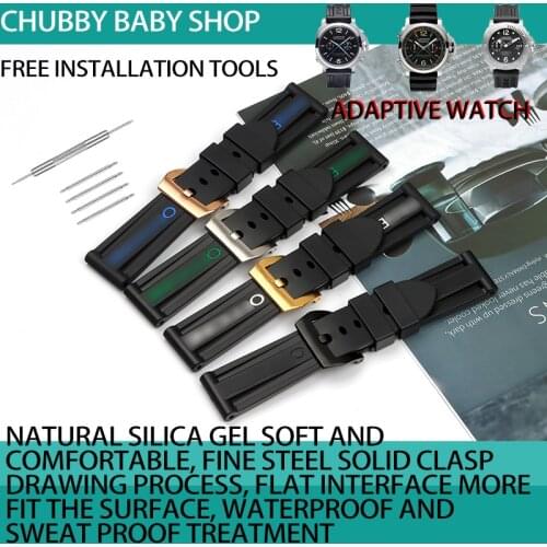 Fashion colorful 24mm Green Black Blue white word soft top Rubber Silicone Watchband Watch Band For Panerai strap needle buckle