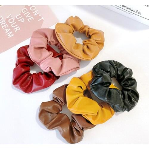 New Faux Leather Elastic Women Hair Rope Scrunchie Solid Color Girls Ponytail Holders Hairband Headwear Female Hair Accessories
