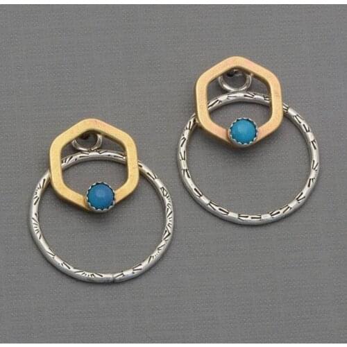 Hexagonal Turquoise Ear Clip Earrings Simple Electroplating Thai Silver Double Face Combination Earrings Fashion Jewelry Gift
