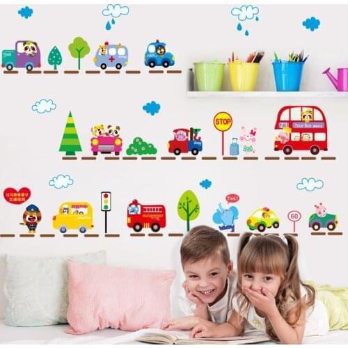 [shijuekongjian] Cartoon Animals Wall Stickers DIY Cars Trees Mural Decals for House Kids Room Baby Bedroom Nursery Decoration