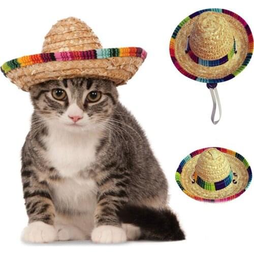 Pet Cat Hat Straw Dog Summer Caps Outdoor Sun Proof Mexican Straw Sombrero Kitten Puppy Hawaii Beach Pet Accessories small Dogs