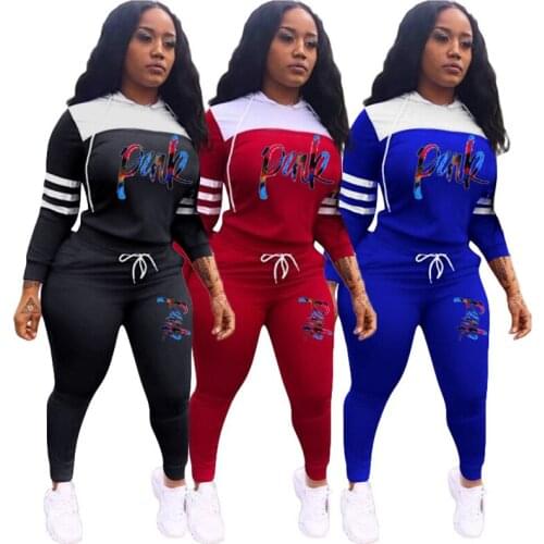 Letters spliced women casual sports suit hooded full sleeve tops and pencil pants 2 piece set tracksuit outfit