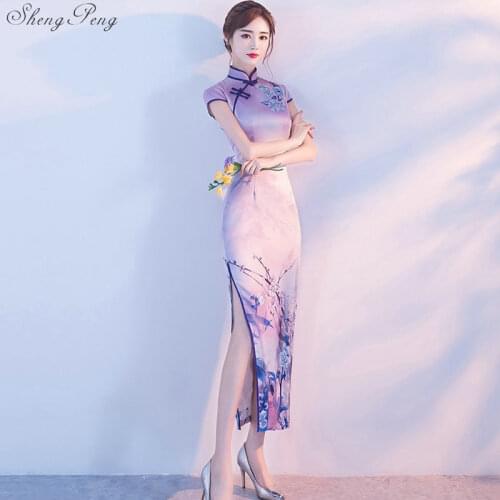 Hot Sale Satin Cheongsam Traditional Chinese High Quality Chinese Ladies' Qipao Short Sleeve Novelty Long Dress V1821