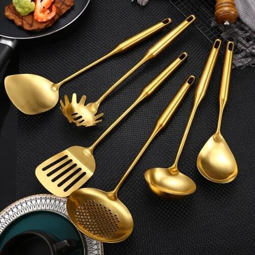 1pc Stainless Steel Cooking Utensils Set Gold Soup Ladle Spatula Rustproof Modern Cooking Gadget Spatula Colander Cooking Tool