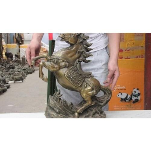 18" Chinese Folklore Copper Bronze Feng Shui Dragon Lucky Stand Horse Sculpture
