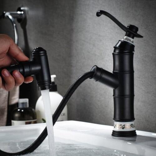 European Style Black Antique Copper Pull-out Basin Tap Wash Basin Hot and Cold Mixer Bathroom Shampoo Faucet Bathtub Faucet