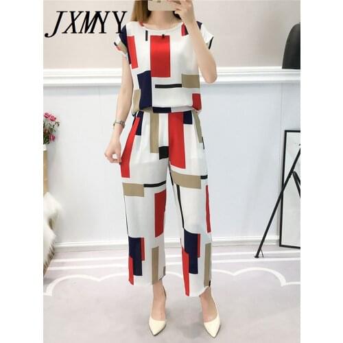 2021 fashion womens short-sleeved chiffon top casual nine-point pants suit plus size fat mm loose two-piece suit JXMYY