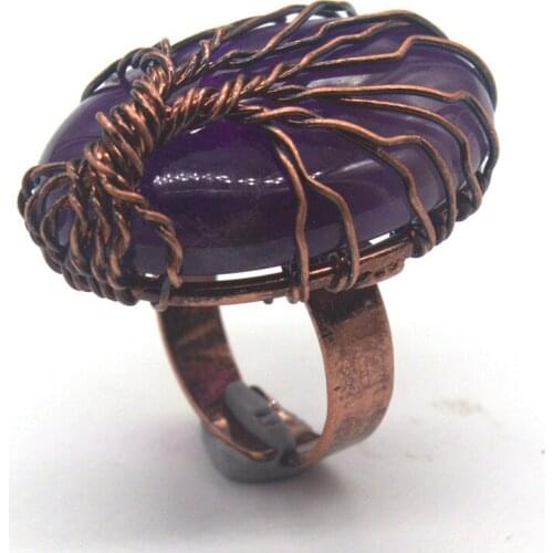 Kraft-beads Exclusive Design Copper Wire Wrap Oval Resizable Natural Purple Amethysts Stone Rings Anniversary Gift Jewelry