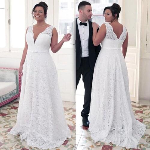Lace V Neckline A-line Plus Size Wedding Dresses 2021 With Bowknot White Ivory Lace 26W Bridal Gowns Custom Made