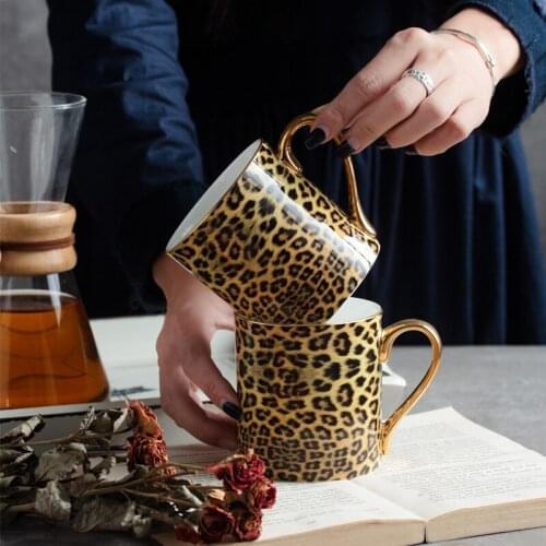Luxury Leopard Print Trace Gold Coffee Mug Bone China Thin Light Breakfast Milk Tumbler Top Grade Gift Box Tea Water Drink Cup