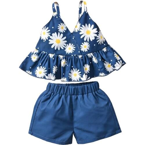 Baby Girl’s Summer Two Piece Set Fashion Flower Suspender Tops and Solid Color Short Pants