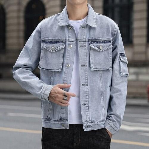 Korean Style Fashion Mens Clothing Washed Denim Jacket Multi-pocket Tooling Jackets Spring Autumn Male Slim Handsome Jean Coats