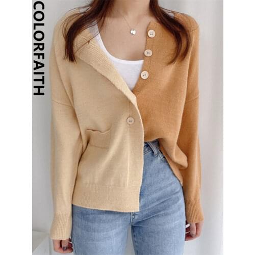 Colorfaith New Color Blocking 2021 Womens Spring Autumn Sweaters Elegant Lady Cardigans Vintage Korean Short Knitwear SWC3315