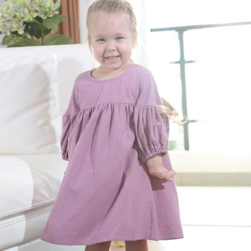 Cotton Linen Girls Dress 2021 New Autumn Lantern 9-point Sleeve Solid Color Loose Princess Party Dress Toddler Children Clothes