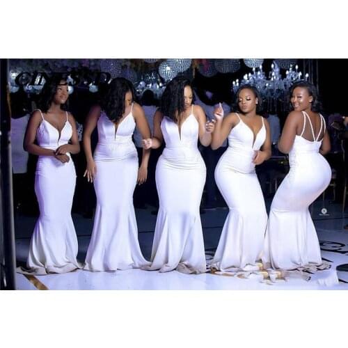 Mermaid Bridesmaid Dress White 2021 Cheap Deep V Neck African Bridesmaid Gowns Wedding Guest Gown Cheap Long Prom Evenig