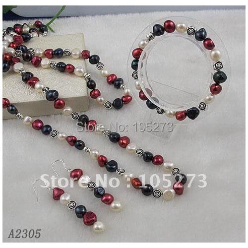 Stunning!White purple black Baroque pearl Genuine freshwater pearl & silvers flower necklace bracelet jewelry set A2305