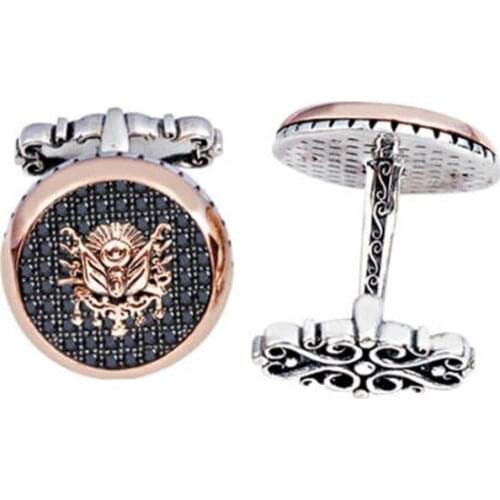 Silver Black Zircon Stone Ottoman Crested Round Cufflinks