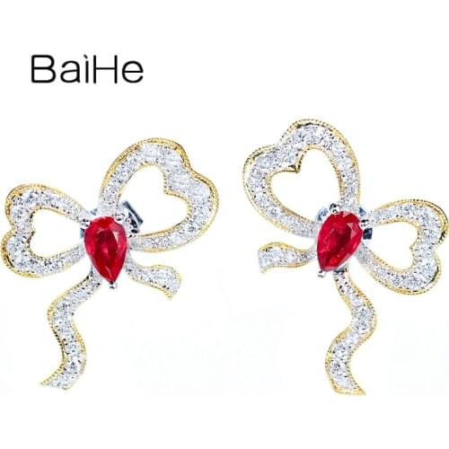 BAIHE Solid 14K White+Yellow Gold 0.40ct Natural Rubis 0.45ct Natural Diamonds Fine Jewelry Ruby Sweet Bow Stud Earrings Women
