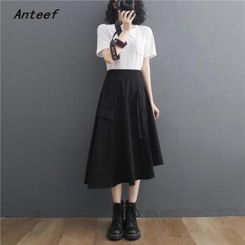 Plus size stretch black vintage high waist irregular summer casual loose midi for woman skirts womens 2021 skirt clothes