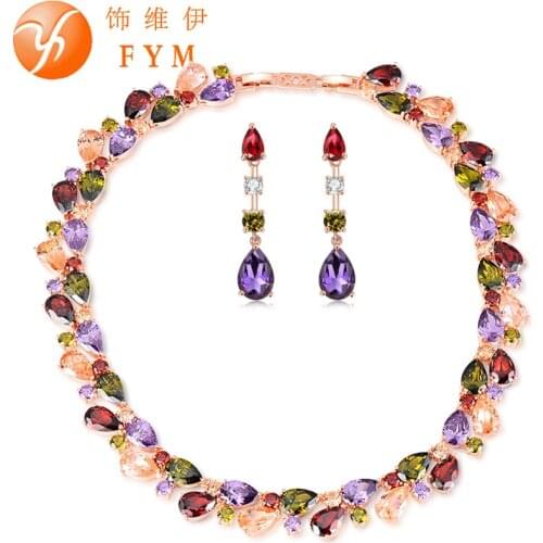 FYM Mona Lisa Luxury Colorful Cubic Zircon Necklace Crystal Drop Earrings Rose Gold Color Jewelry Sets For Bridal Wedding Party
