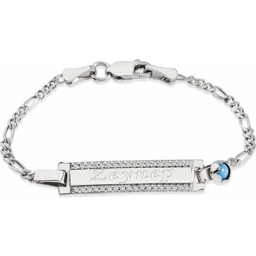 Tesbihane 925 Sterling Silver Zircon and Turquoise Stone Name Written Child Bracelet