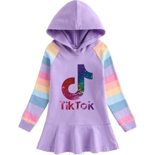 Tik Tok Cartoon Print Girl Kid Cotton Hoodie Dress with Pleated Hemline Long Sleeve Baby Child Sweatshirt Clothes