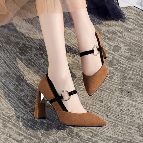Big Size Thick Heel Pointed One - Word Buckle Belt Shoes Female Europe and America Joker Single Shoe 886-9