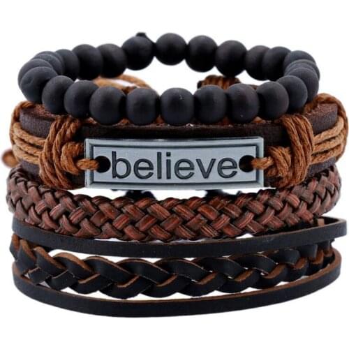 4pcs/set Vintage Boho Brown Leather knots believe tag charm black Beads Layers stackable Bracelet Bangles set Unisex Jewelry