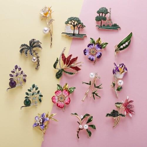 Fashion Trendy Plant Flowers Brooches Womens Oil Painting Flowers Leaves Pearl Alloy Lapel Pin Brooches Jewelry for Girls